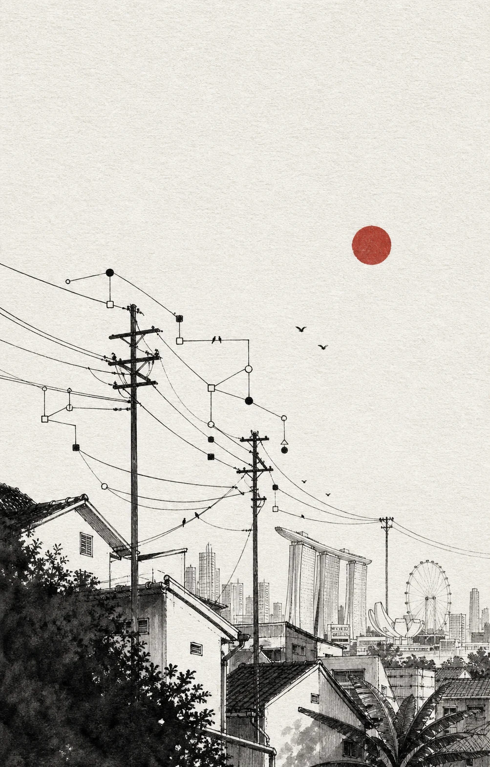 AI-generated ink illustration of Singapore rooftops, utility wires, and a dependency graph beneath a red sun